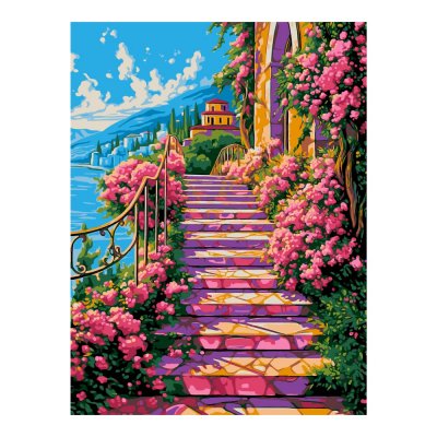 Кпн-344 Картина по номерам на картоне 28,5*38 см "Лестница в цветах"